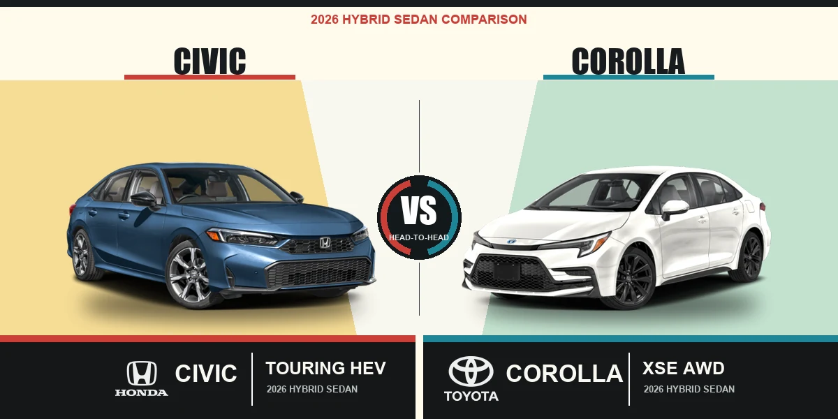 2026 Honda Civic Sport Touring Hybrid beside 2026 Toyota Corolla Hybrid XSE AWD in a head-to-head hybrid sedan comparison