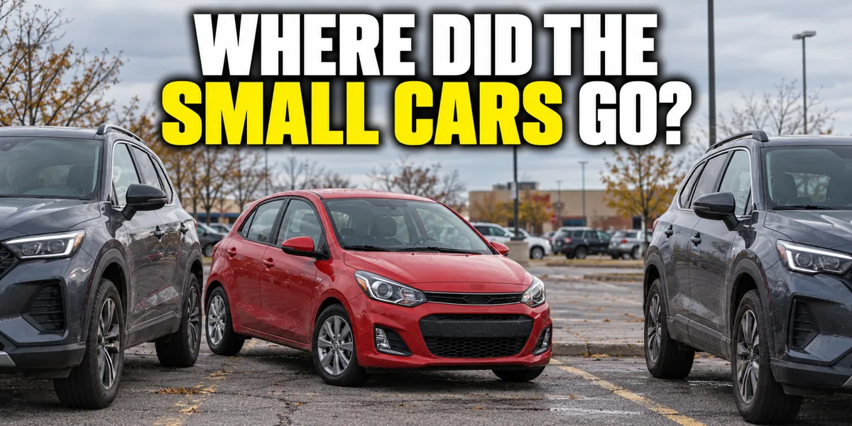 A small red hatchback crowded between two larger SUVs beneath the words Where Did the Small Cars Go?